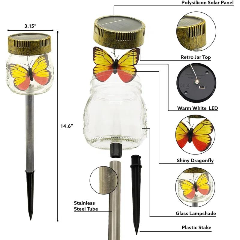 ForeverGiftsInc. Butterfly Jar Black Solar Powered Integrated LED Glass Pathway Light Pack (Set of 3)