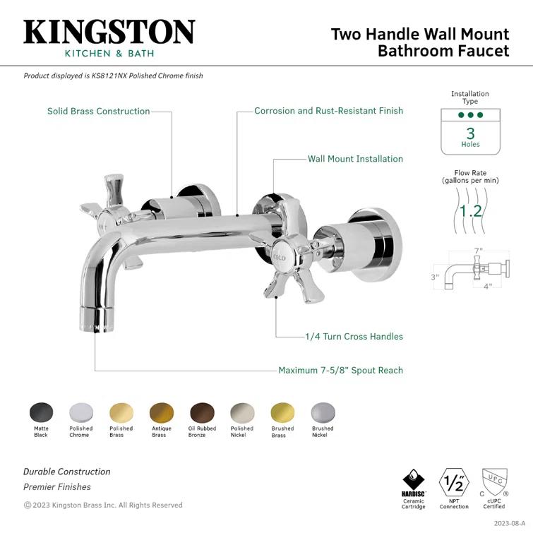 Kingston Brass Kingston Brass Hamilton Two-Handle 3-Hole Wall Mount Bathroom Faucet KS8126NX