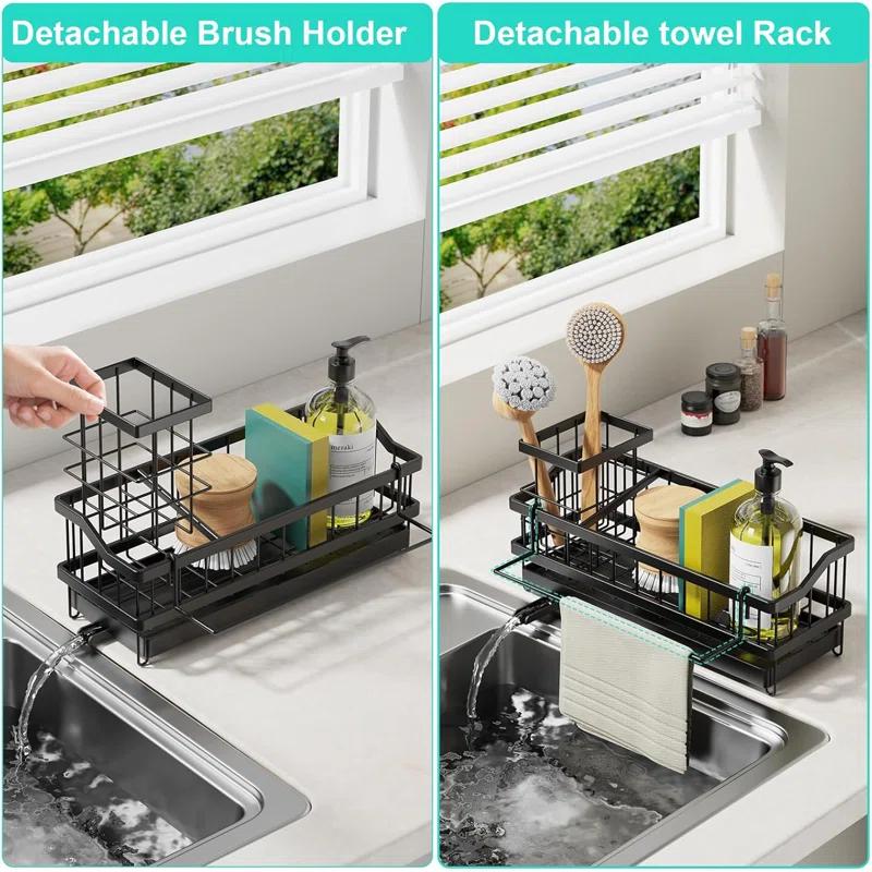 WKING Stainless Steel Kitchen Sink Caddy Organizer With Draining Tray, Rustproof Sponge Holder For Sink, Adjustable Compartments, Space-Saving Design