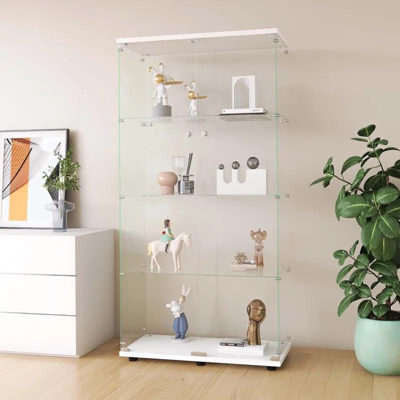House On Tree Two-door Glass Display Cabinet 4 Shelves with Door, Floor Standing Curio Bookshelf
