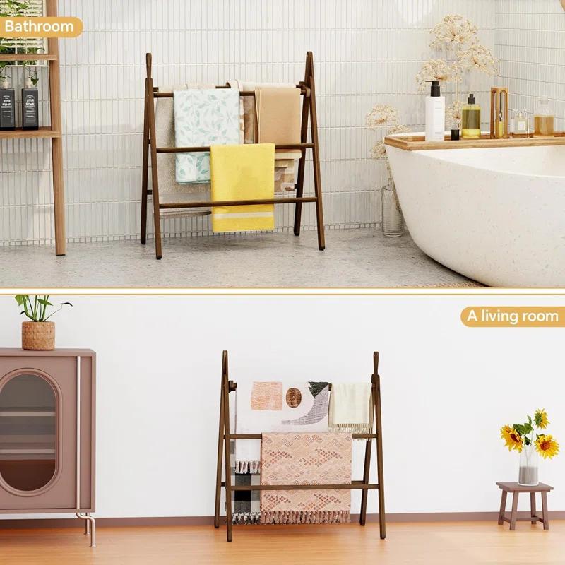 Red Barrel Studio® 6-Tier Wide Double Blanket Ladder Wood, Rustic Decorative Towel Rack For Big Blanket, Towel, Quilt, Clothes, Freestanding Blanket Holder Towel Ladder Decor Stand For Living Room, Bedroom