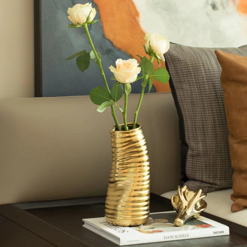 Mercer41 Baftjar 9-Inch Tall Ceramic Bent Melted Modern Style Sculpture Table Centerpiece Flower Vase, a Unique and Decorative Vase in an Elegant Gold Finish, Perfect for Adding Sophistication to Home or Office Décor