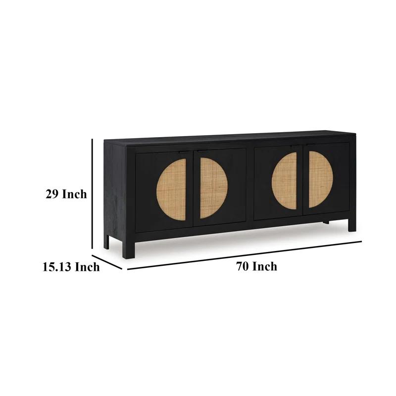 Benjara Sideboard Cabinet Console, 4 Doors Woven Cane, 70 Inch Black And Brown