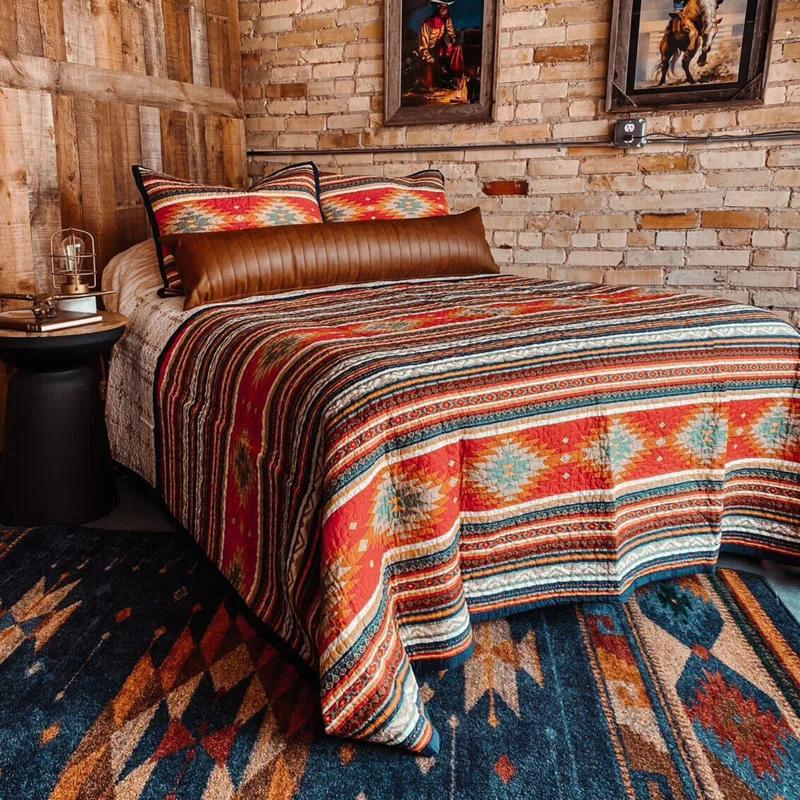 Paseo Road by HiEnd Accents Del Sol Red/Orange/Tan Aztec Print Cotton Southwestern Style Reversible Quilt Set
