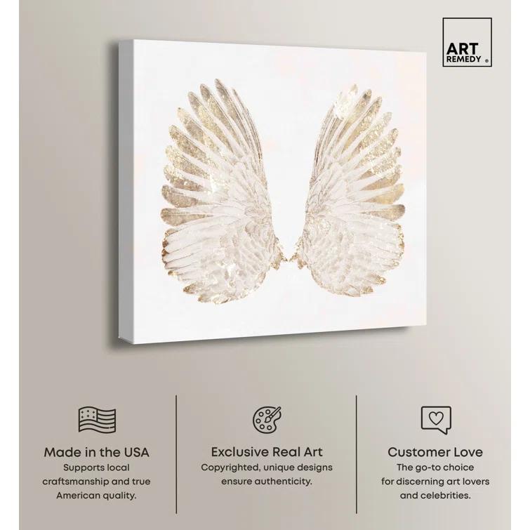 Art Remedy Soft Angel Wings Canvas Elegant White Gold Wall Art by Art Remedy