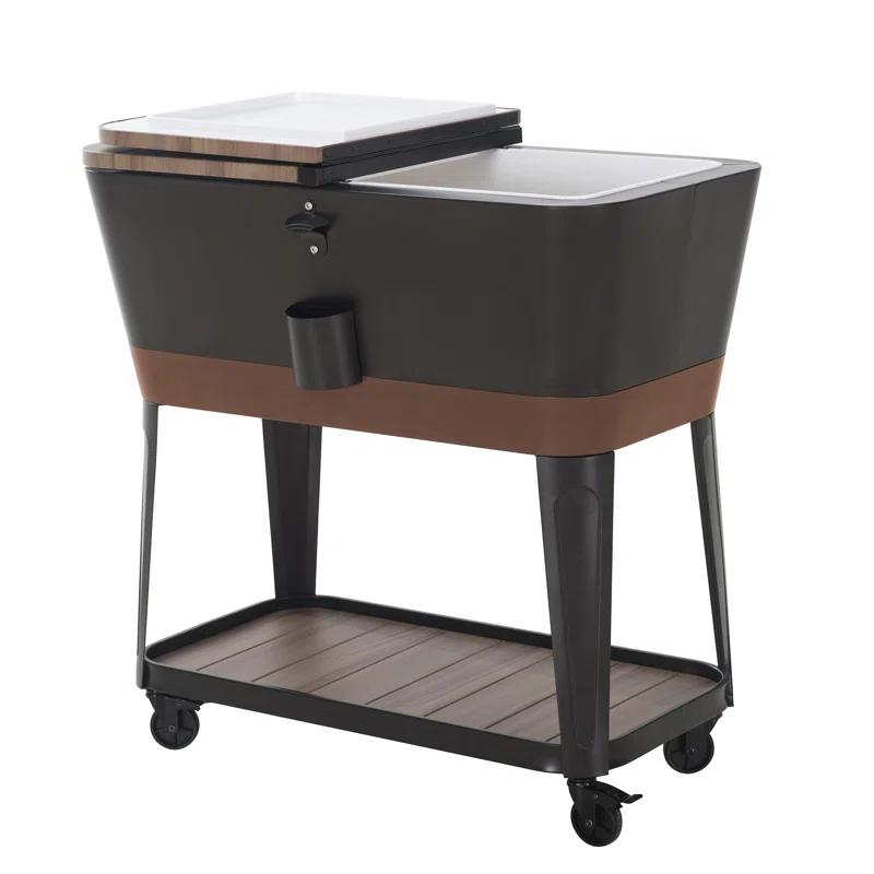 Sunjoy Durant 80-Quart Wood Grain Finish Metal Rolling Ice Chest Cooler Cart with Storage Shelf, Steel Bottle Opener, and Lockable Wheels