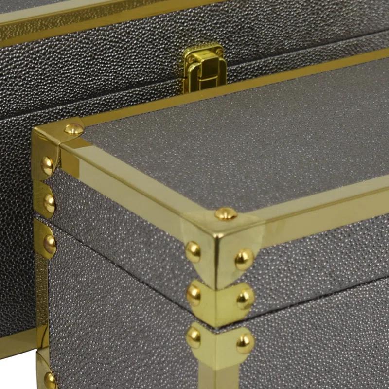 Benjara Mecca Storage Box Set of 2, Rivet Accents, Metal Trim, Wood