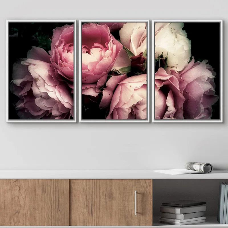IDEA4WALL Flower Blossom " Pink Rose Peony Bouquet Floral Pictures Large Framed Canvas Print 3 Pieces Wall Art