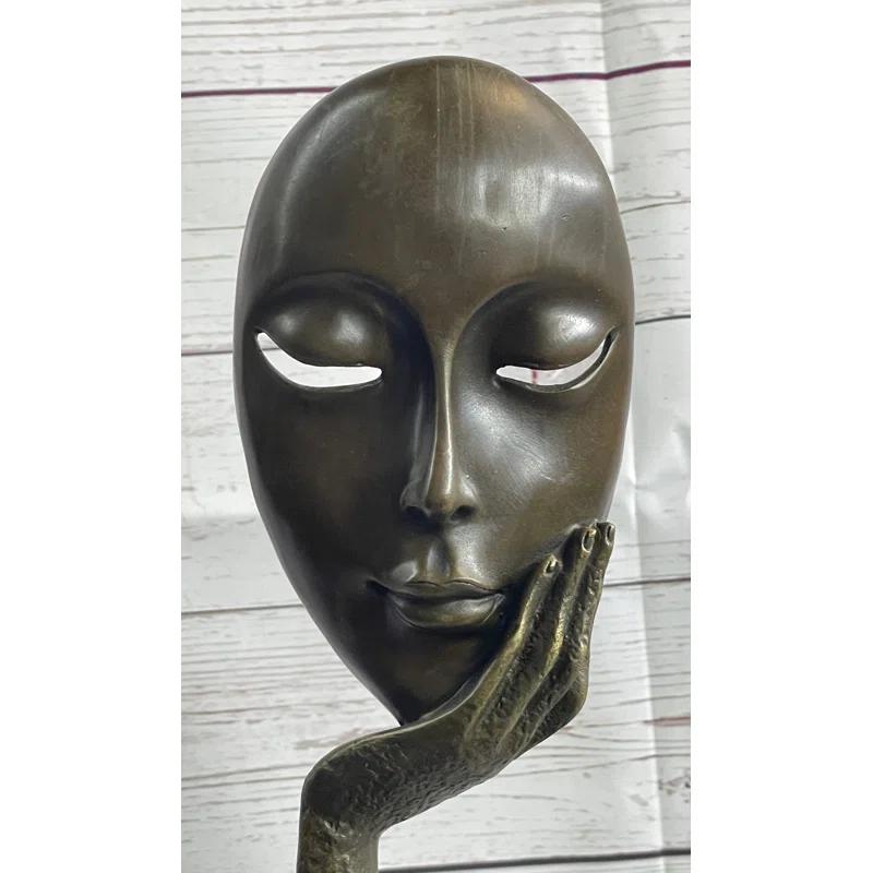 Red Barrel Studio® Tekira Abstract Surreal Bronze Floating Female Face Mask Original Art Sculpture on Marble Base