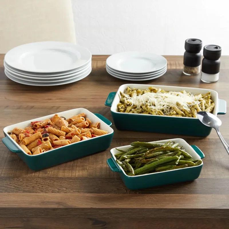 FETLOD 3 Piece Green Casserole Dishes For Oven Use, Baking, Rectangular Ceramic Bakeware Set In Assorted Sizes