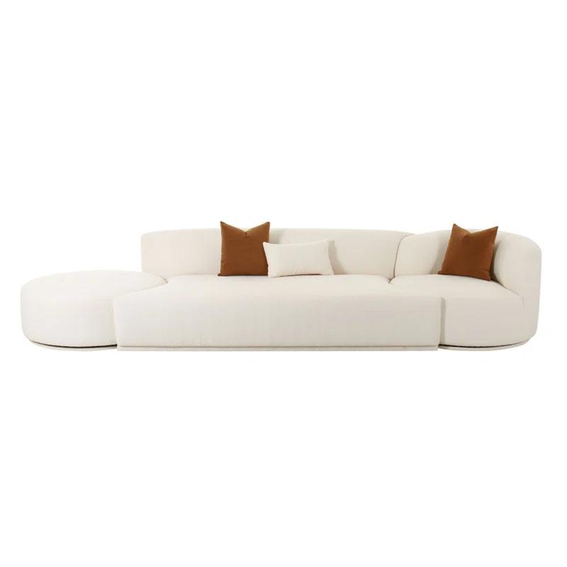 144'' Cream Boucle Velvet 3-Piece Sofa with Ottoman