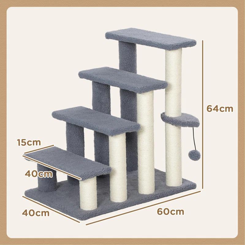 4 Levels Cat Steps, Pet Stairs Carpeted Ladder, Kitten Tree Climber With Scratching Posts, Hanging Play Ball, Side Step, For High Bed, Sofa, Gray