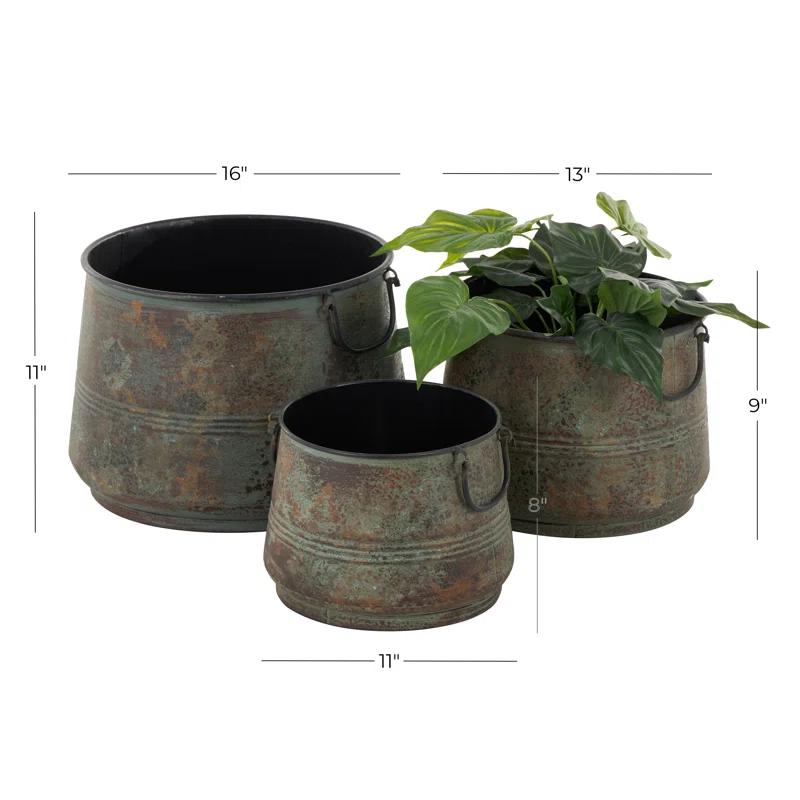 Gracie Oaks Cowden 3 Piece Metal Distressed Bucket Style Indoor Outdoor Bronze Planter with Side Ring Handles Set