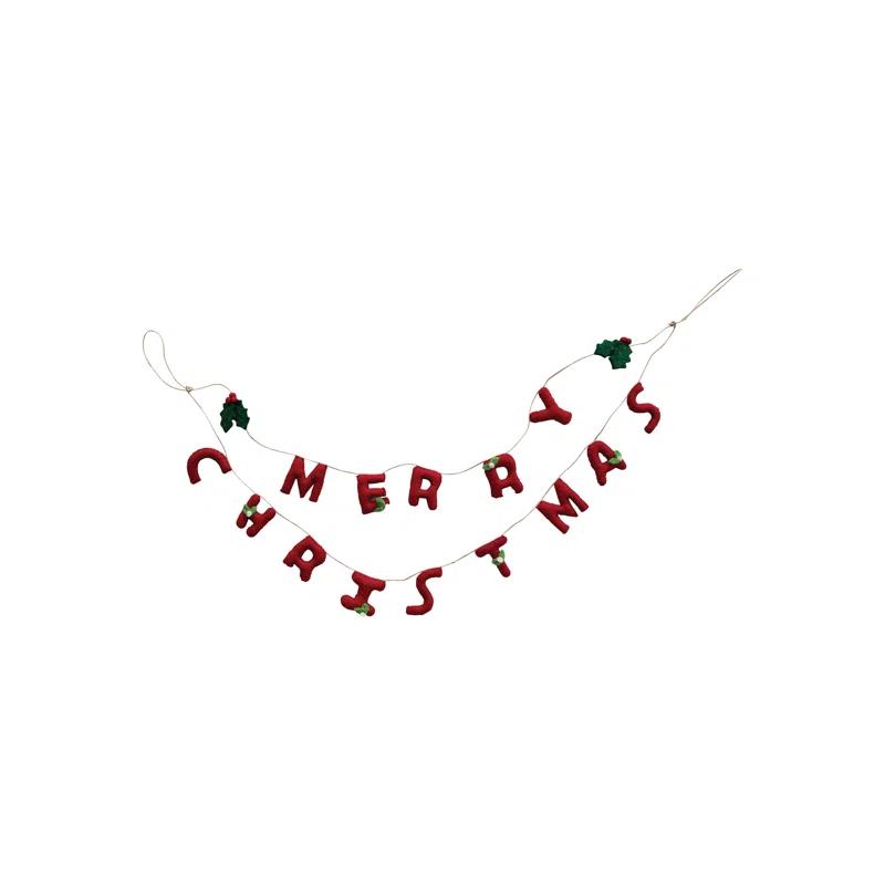 Creative Co-Op Handmade Wool Felt Garland With Holly Leaves And Berries "Merry Christmas"