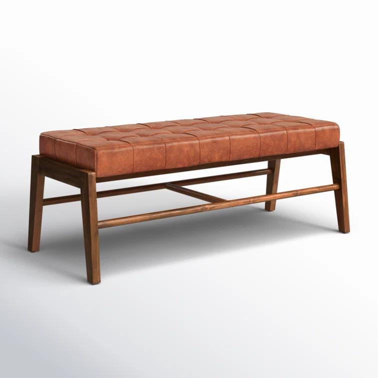 Dennis 49" Wide Teak and Full Grain Leather Bench, Brown