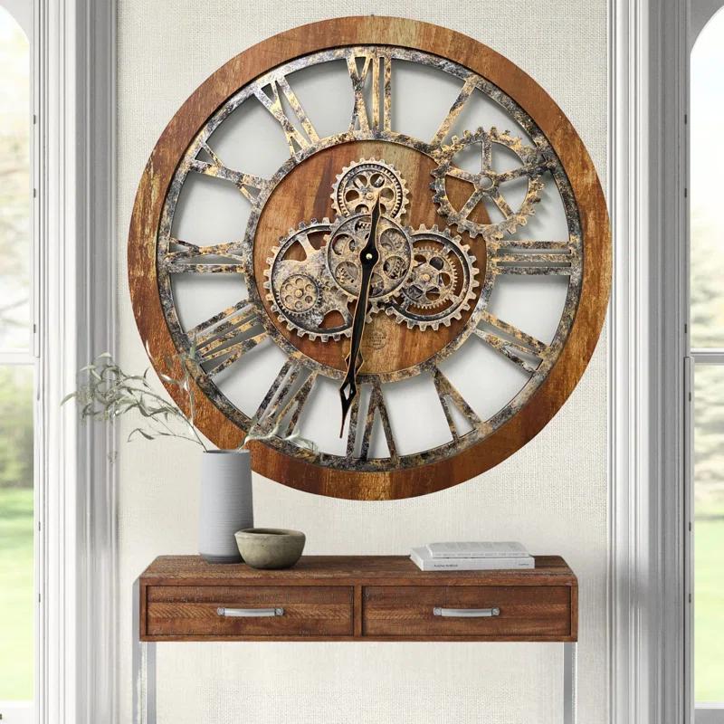 Wall Clock 24" Round Oversized for Living Room decor with Real Moving Gears America Collection