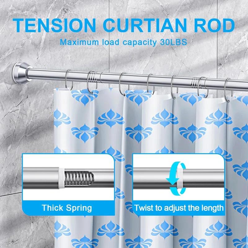 OUMIKEJI Shower Curtain Rod, 27-76 Inch Adjustable Tension Spring, Shower Curtain Rod Tension, Premium Stainless Steel, Anti-Slip, No Drilling, No Rust, For Bathroom, Silver
