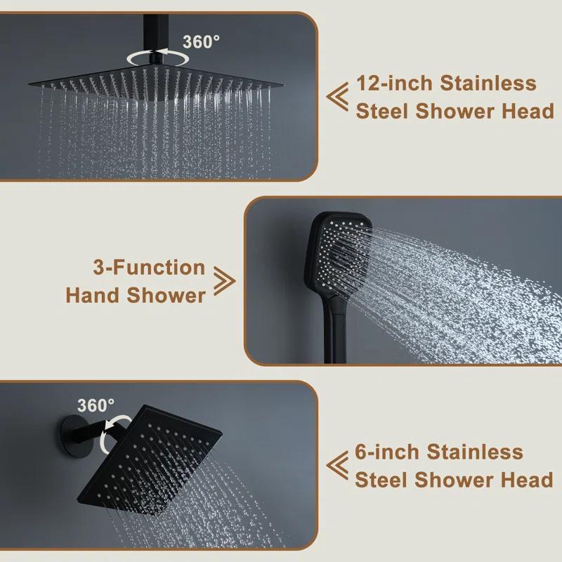 Rainfall Symphony 12inch 3-Function Dual Shower Head Thermostatic Shower System with 3 Sprays Handheld