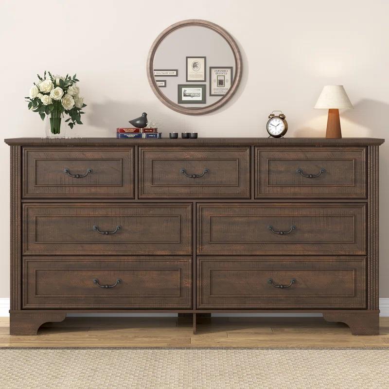 Charlton Home® 59" Farmhouse Dresser With 7 Spacious Drawers – Rustic Wooden Storage Cabinet For Bedroom, Living Room, Or Entryway