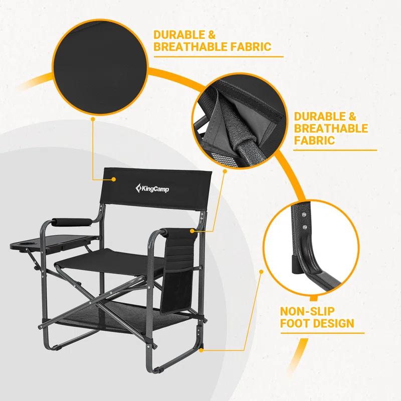KingCamp KingCamp Outdoor Folding Director Chair w/ Side Table Bottom Mesh Storage, Black