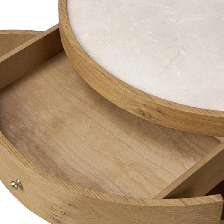 Cream Marble and Oak Veneer Demilune Nightstand with 3 Drawers