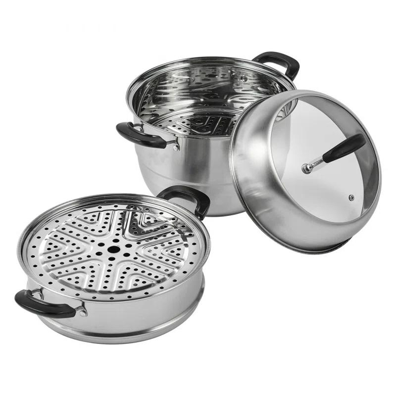 Stellweilan Tessberg Steamer Pot 11in/28cm, 3 Tier Steamer Pot for Cooking with 8.5QT Stock Pot, Vegetable Steamer & 2 Steaming Tray, Food-Grade 304 Stainless Steel Food Steamer Cookware for Gas Electric Stove Grill