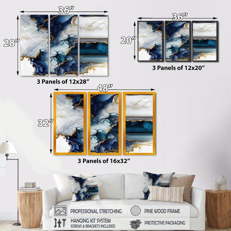 " Abstract Geode White And Blue Marble I " 3 - Pieces