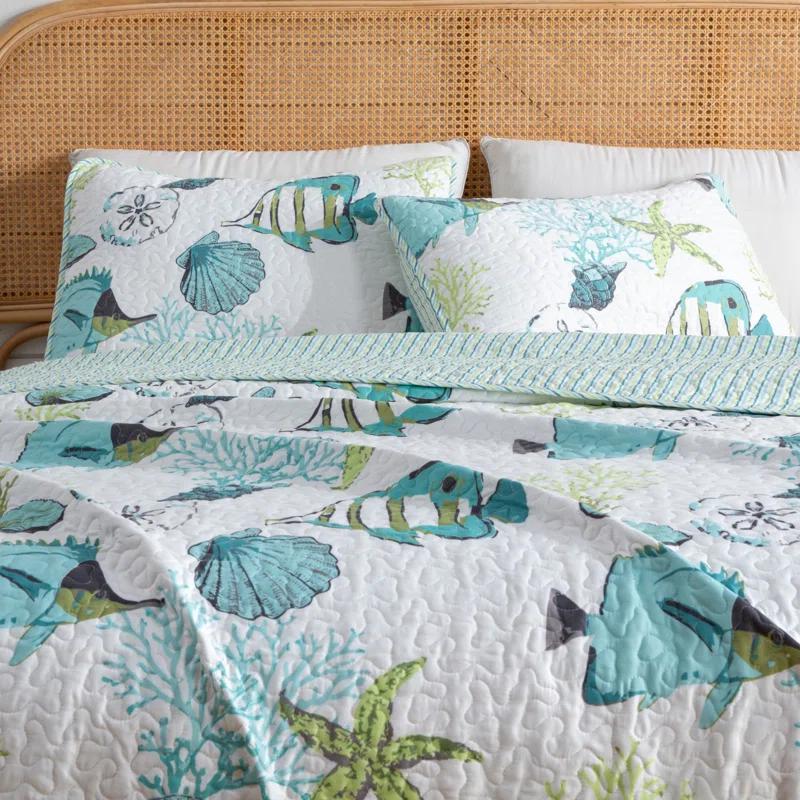 Blue / Green Fish & Seashell Quilt Set with Shams