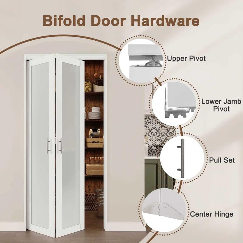 CHIC MODE Double Bifold Doors 3 Lite Frosted Glass Solid Manufactured Wood Prefinished Folding Door