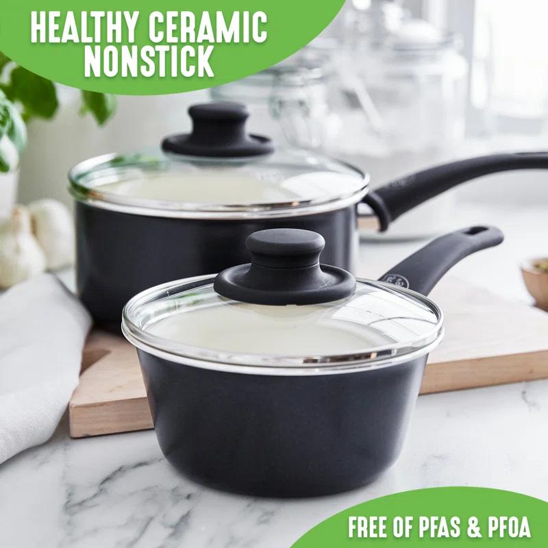 GreenLife GreenLife Soft Grip Healthy Ceramic Nonstick, 1QT And 2QT Saucepan Pot Set With Lids, Dishwasher Safe