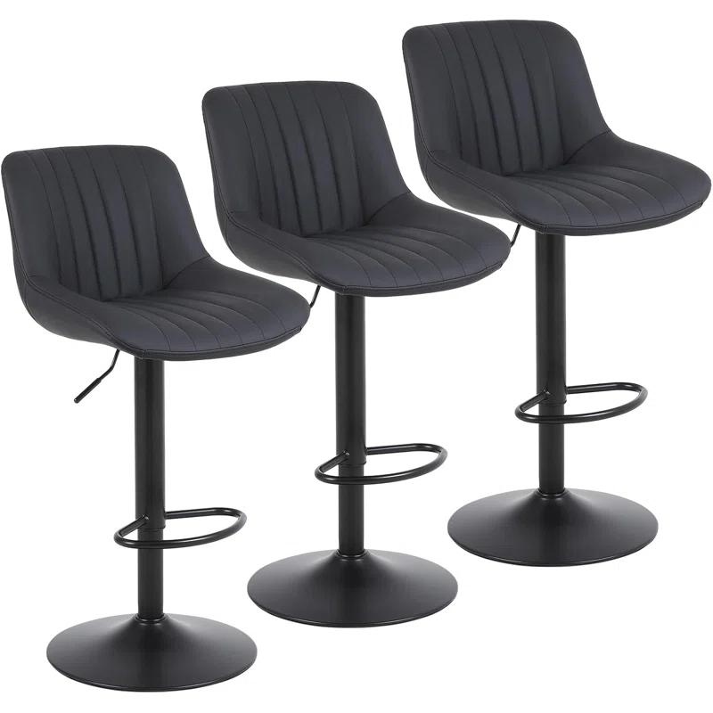 Corrigan Studio® Bar Stools Set of 3, Swivel Counter Height Barstools with Back, Adjustable PU Leather Bar Chairs, Modern Armless Kitchen Island Stool, Black