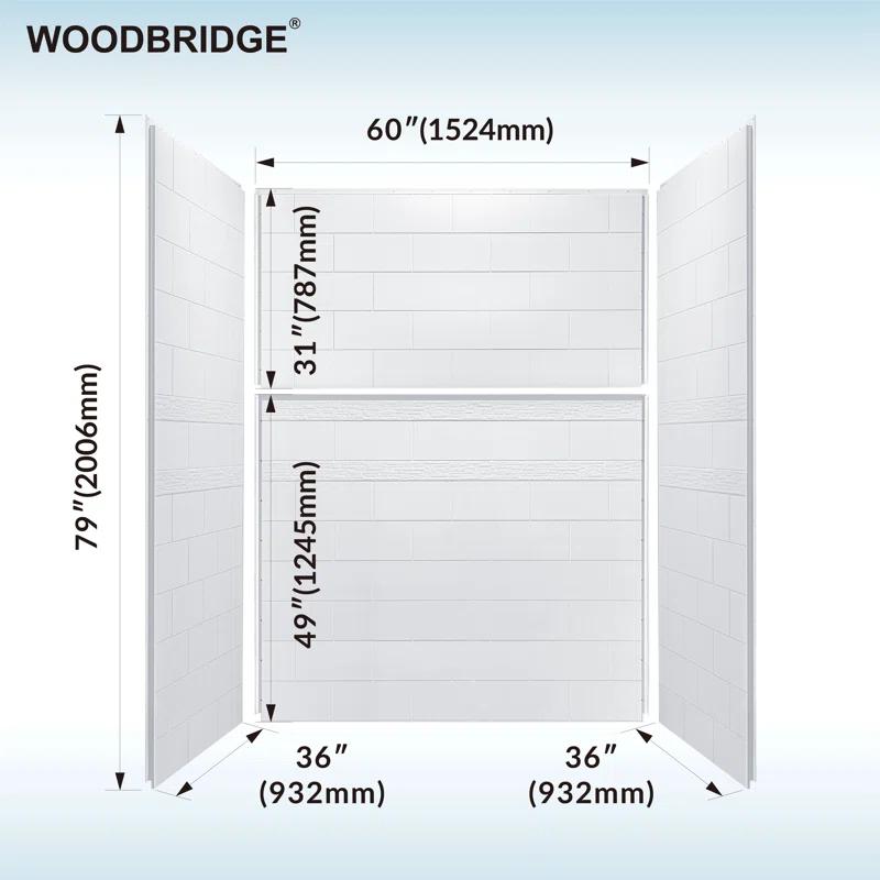 WoodBridge Solid Surface Shower Wall Panel Surround, High Gloss White Finish, Cuttable, Two Installation Methods (Screw Mounting or Glue-Up Design)