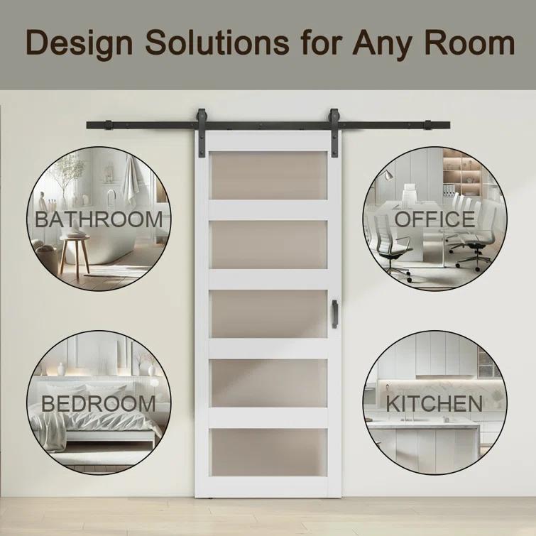 Calhome 5 Lite Tempered Frosted Glass Finished Composite Interior Sliding Barn Door with Hardware Kit