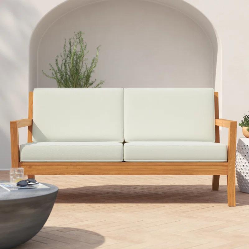 Joss & Main Adagio Outdoor Solid Teak Wood 2-Person Sofa with Cushions