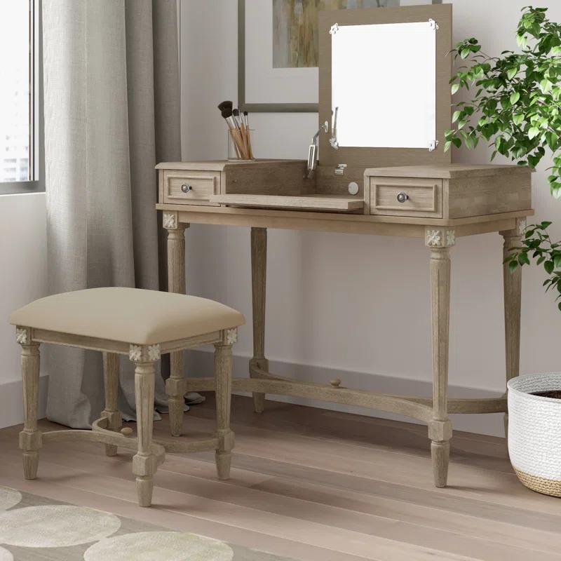 Kelly Clarkson Home June Natural Two Drawer Flip Top Vanity Set with Stool