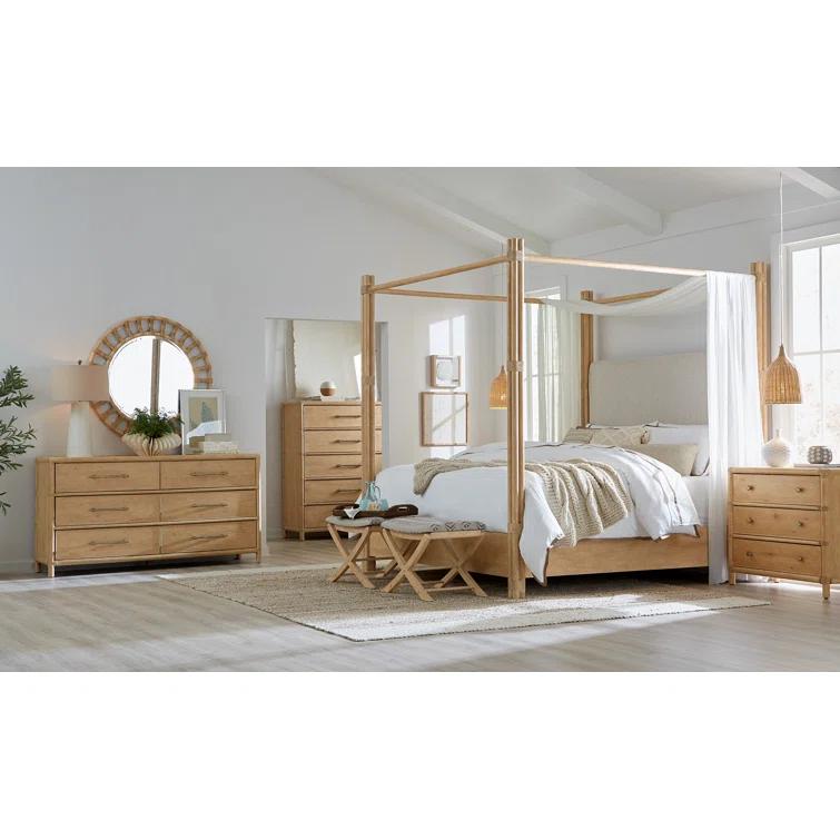 King Beige Upholstered Canopy Bed with Oak Frame