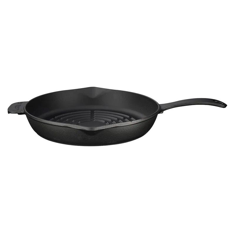 LAVA CAST IRON Lava Enameled Cast Iron Grill Pan 11 inch-Radial Pattern Pan with Pour Spouts Round Black