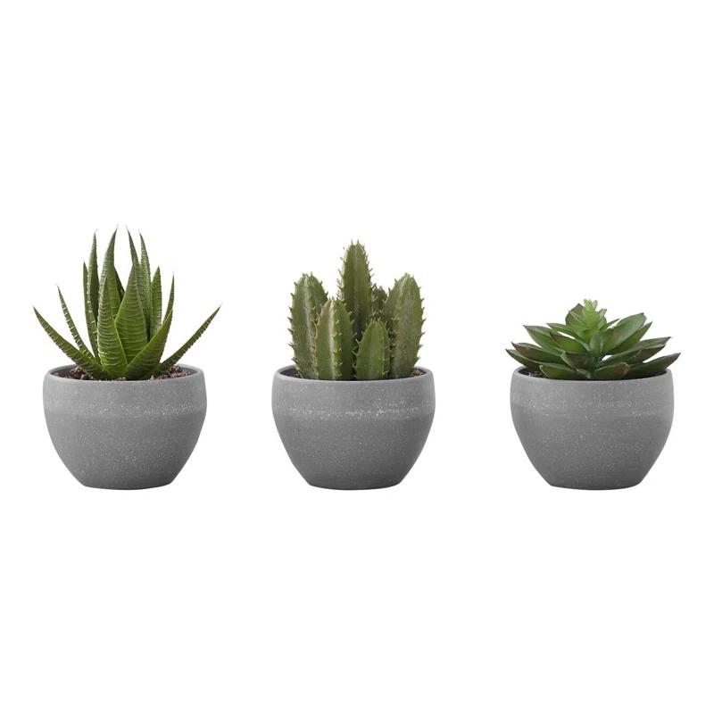 Benjara Artificial Succulents Silk Plant Indoor Set of 3, Green, Gray Cement