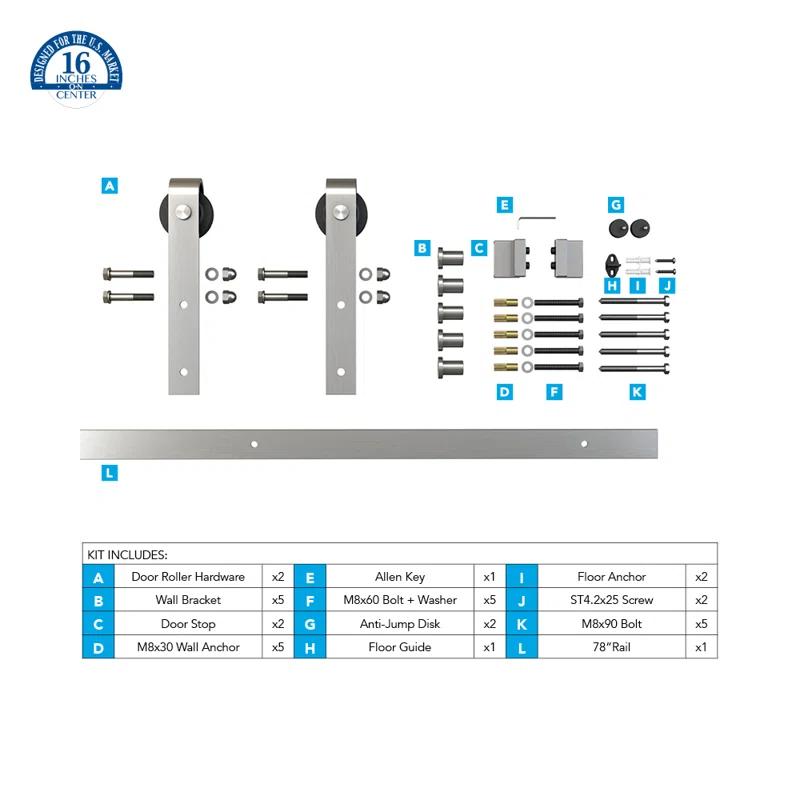 American Pro Decor Steel Sliding Rolling Barn Door Hardware Kit for Single Wood Doors with Routed Floor Guide