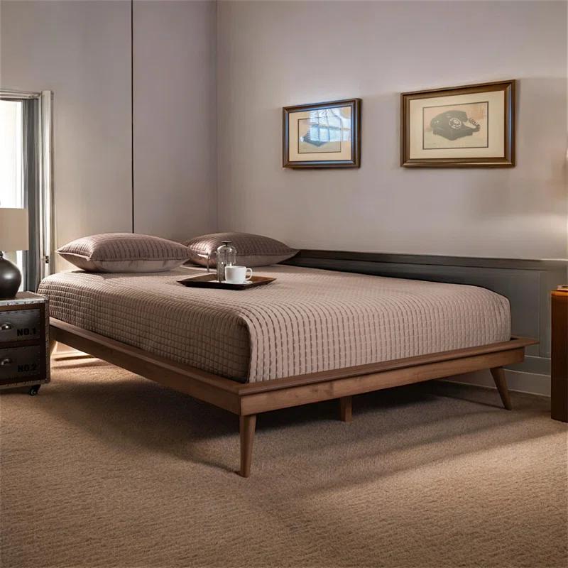 George Oliver Brayden Platform Bed with Walnut Brown Finish in Mid-Century Modern Style