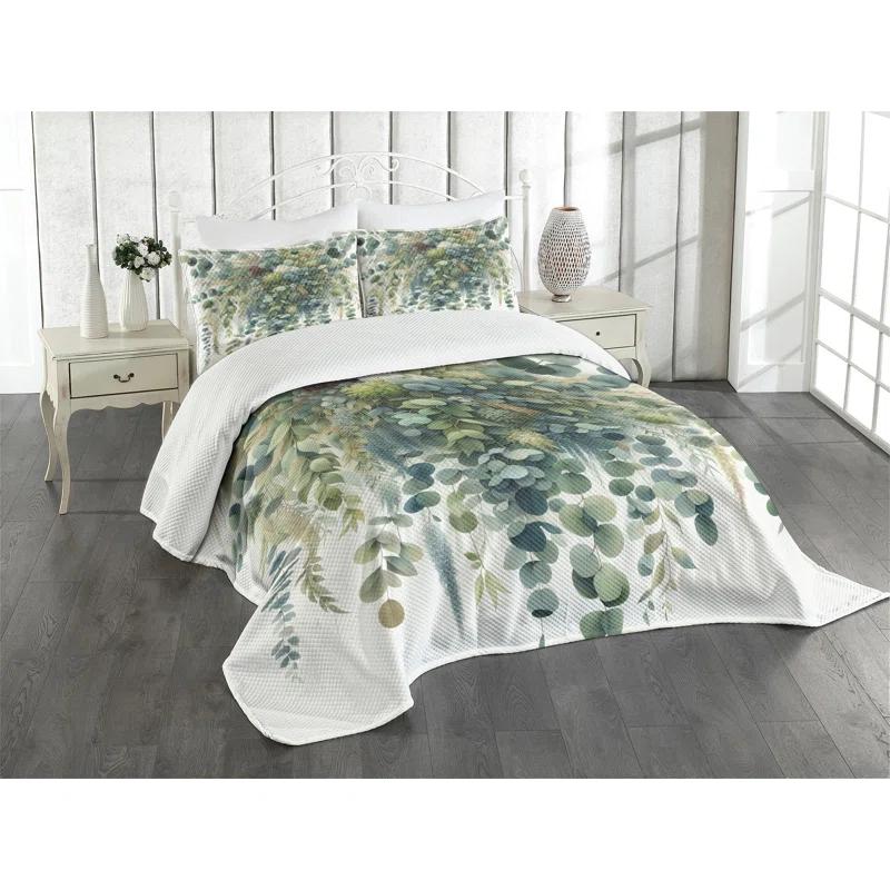 Ambesonne Ambesonne Eucalyptus Bedspread Set Botanical Watercolor Laurel Green Slate Blue