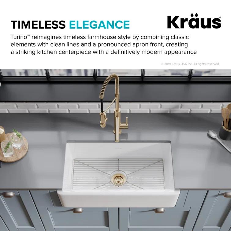 KRAUS Turino™ Reversible 33-inch L Fireclay Farmhouse Flat Apron Front Single Bowl Kitchen Sink with Bottom Grid