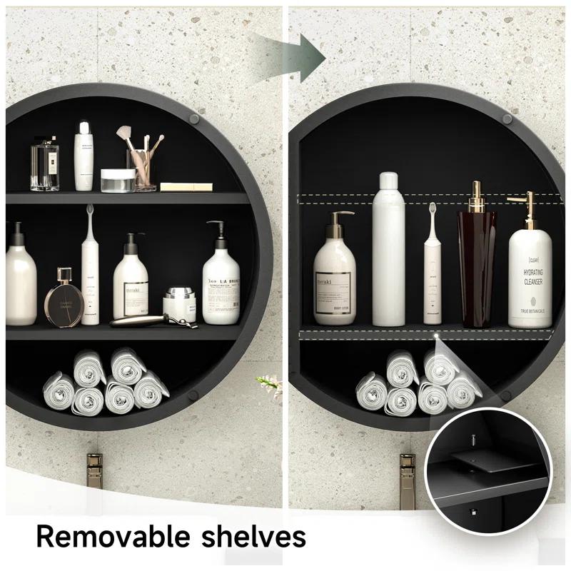 keonjinn WF-JSKJG-YX-R50-bk Gervon Round Wall Mounted Medicine Cabinet with Shelves