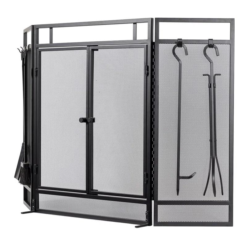 Kern River Mesh Trifold Fireplace Screen with 4 Piece Tool Set in Black