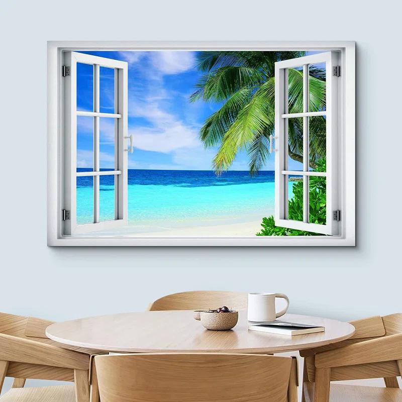 IDEA4WALL Window Scenery " Window View Teal Blue Beach Shore Tropical Island Wilderness Nature "