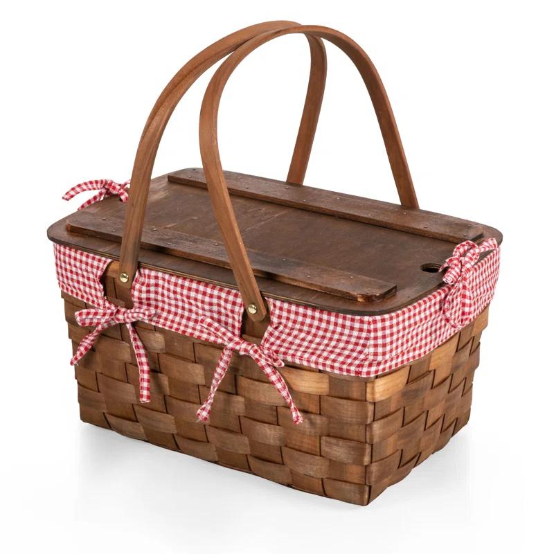 Picnic Time Kansas Handwoven Wood Picnic Basket - Large Basket with Tabletop Lid