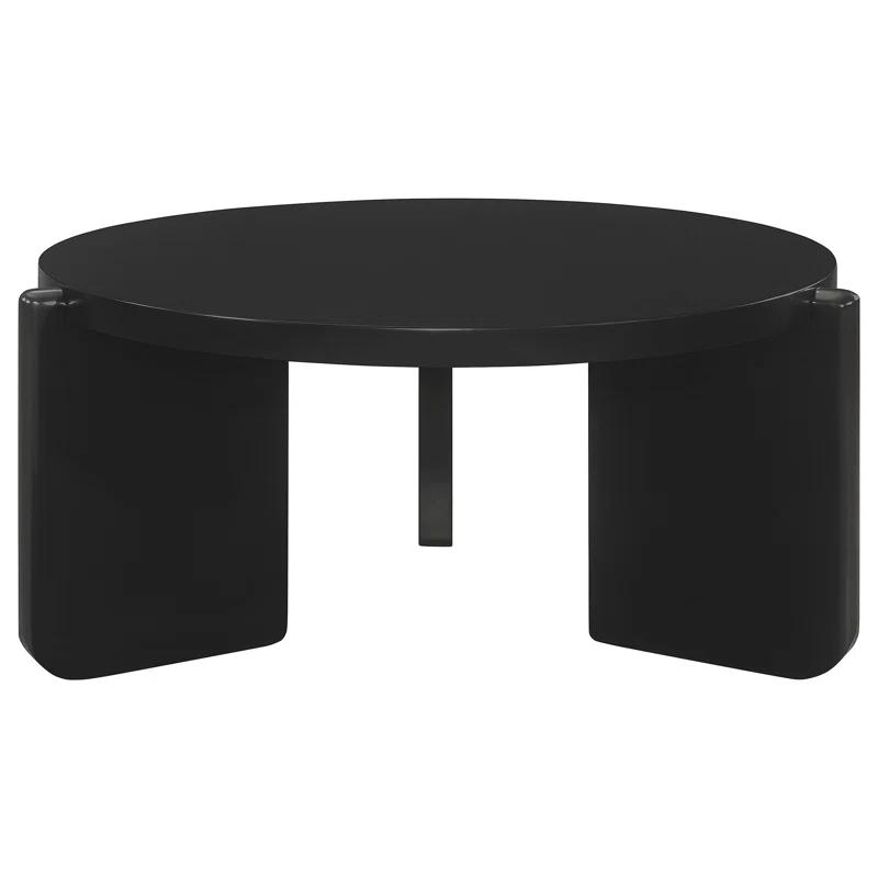 Kiya Coffee Table, 39 Inch Round Top, Black Solid Wood Frame, Panel Legs