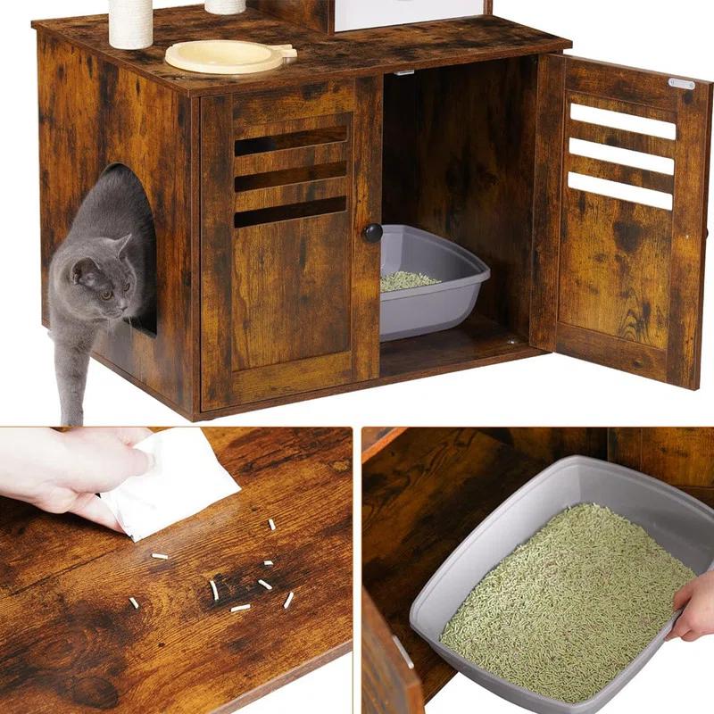 Wood Litter Box Enclosure with Food Station, All-in-one Indoor Cat Furniture with Large Platform and Condo