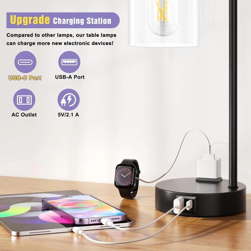 Latitude Run® Industrial Touch Table Lamps for Bedrooms Set of 2 - 3-Way Dimmable Nightstand Lamps with USB C+A Ports and Outlet, Bedside Lamps with Glass Shade for Living Room, Desk Lamps for Home Office