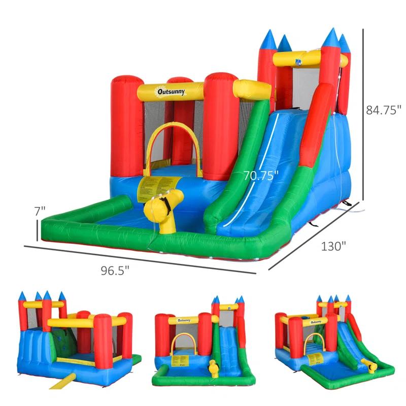 GZMWON Outsunny 6-In-1 Kids Bounce House Inflatable Water Slide With Pool, Water Cannon, Climbing Wall, Inflator Included, Jumping Castle Kids Backyard Activity Outdoor Water Play Toy